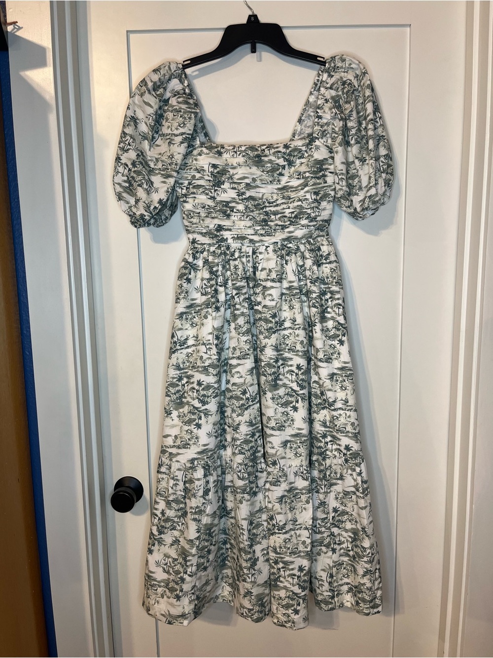 Abercrombie & Fitch White Midi Dress with Sage Toile Print